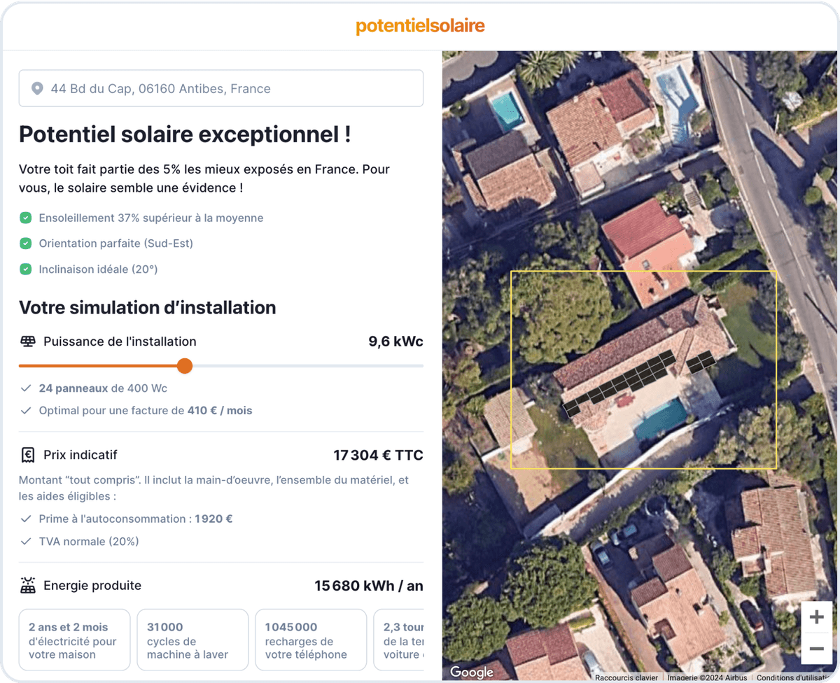 Capture d’écran du simulateur de panneaux solaires Potentielsolaire