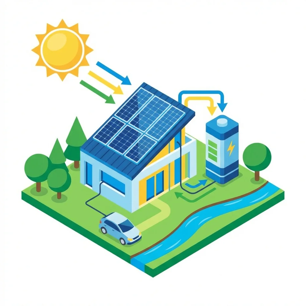 Illustration d'une batterie de stockage solaire connectée à une maison avec panneaux photovoltaïques