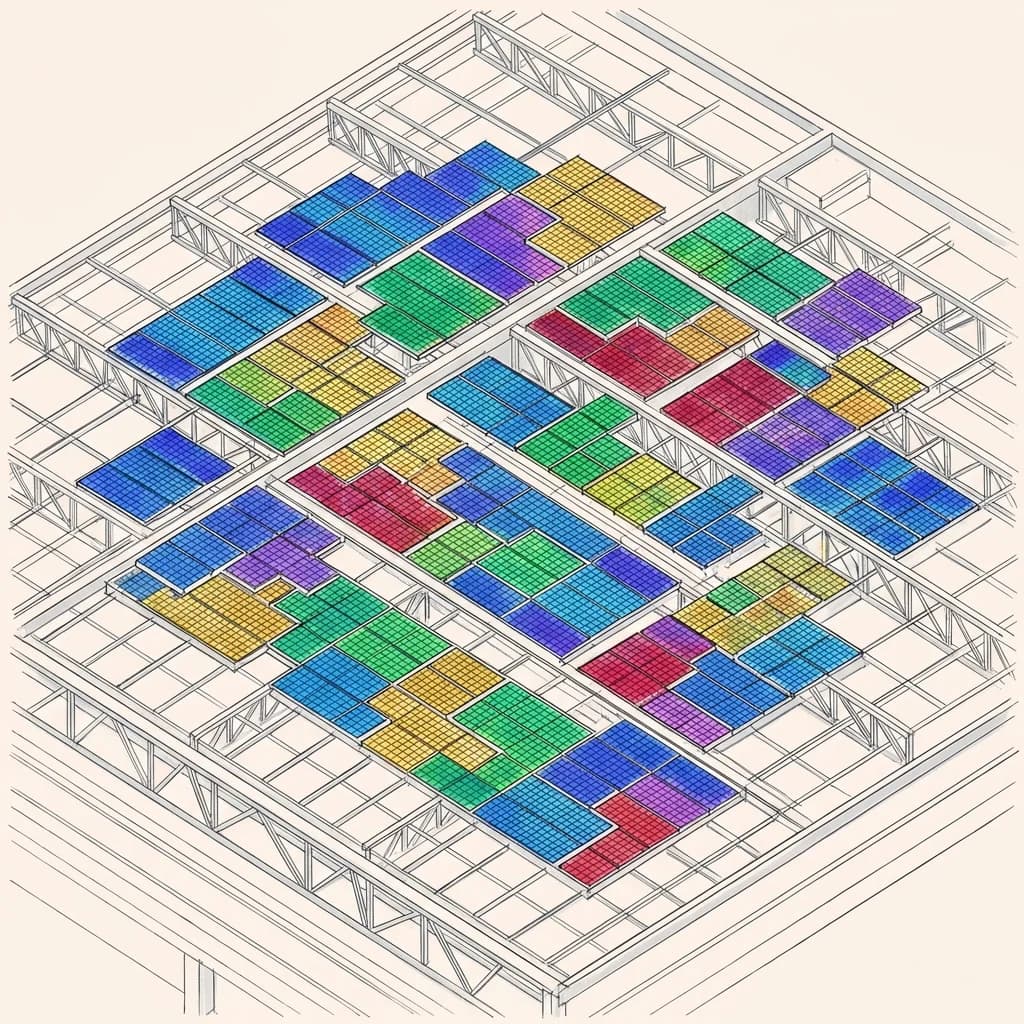 Schéma isométrique du calepinage photovoltaïque avec disposition optimale des panneaux sur toiture