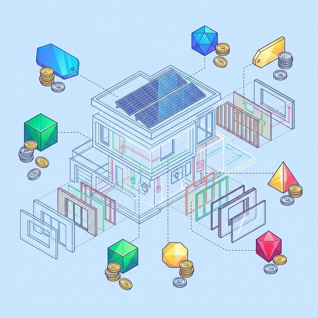 Schéma isométrique du coût d'une installation de panneaux solaires avec décomposition des prix par composant