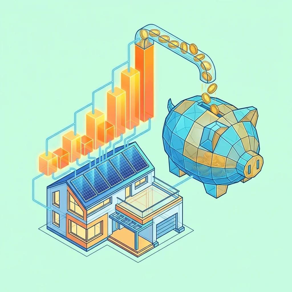 Schéma isométrique de la rentabilité des panneaux solaires avec graphique de croissance et économies
