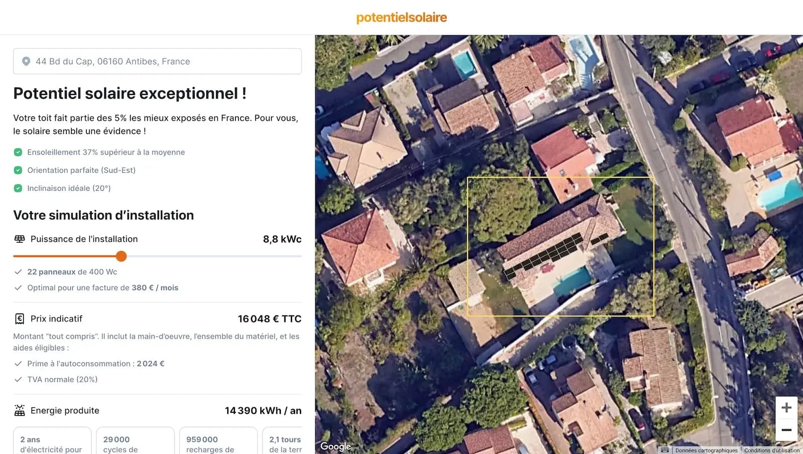 Capture d'écran du cadastre solaire Potentielsolaire