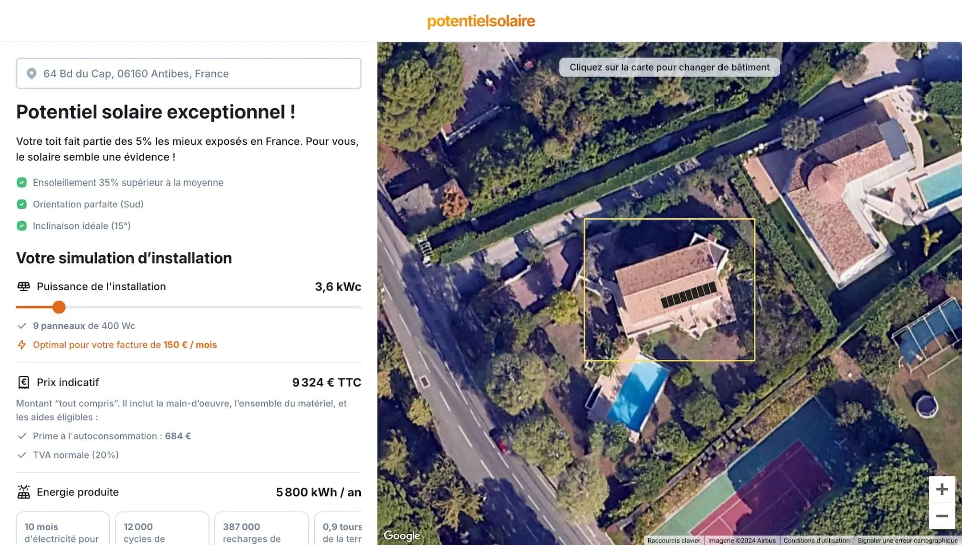 Interface du simulateur Potentielsolaire avec un calepinage de panneaux solaires sur un toit